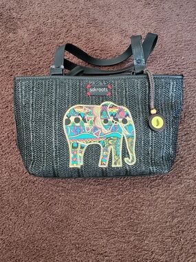 Sakroots Black Woven Tote with Colorful Elephant Motif